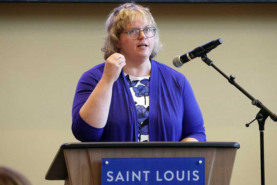 Carolyn O'Laughlin, Ph.D., was recognized in the Scholarly Works as Non-Clinical Articles category honor at the 2026 Scholarly Works and Grant Winners Reception on Wednesday, April 29. Photo by Joe Barker. 