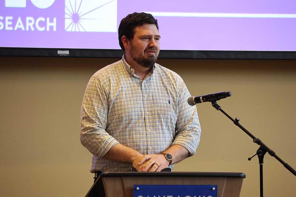 Christopher Arnatt, Ph.D., received a Faculty Innovation Award at the 2026 Scholarly Works and Grant Winners Reception on Wednesday, April 29. Photo by Joe Barker. 