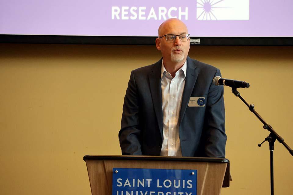 Gary Ritter, Ph.D., received the Faculty Research and Foundation Award at the 2026 Scholarly Works and Grant Winners Reception on Wednesday, April 29. Photo by Joe Barker. 