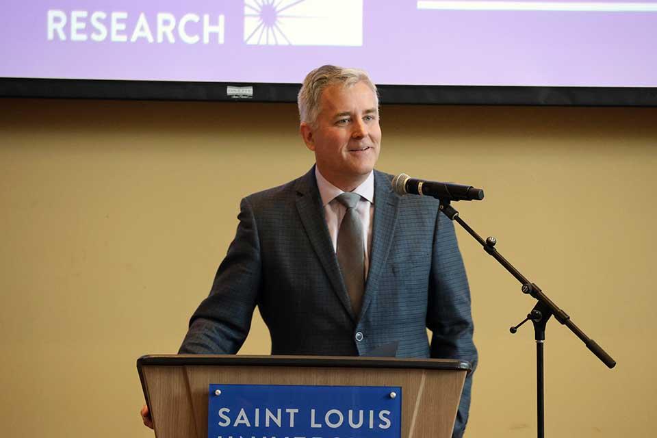 Provost Mike Lewis, Ph.D., speaks at the 2026 Scholarly Works and Grant Winners Reception on Wednesday, April 29. Photo by Joe Barker. 