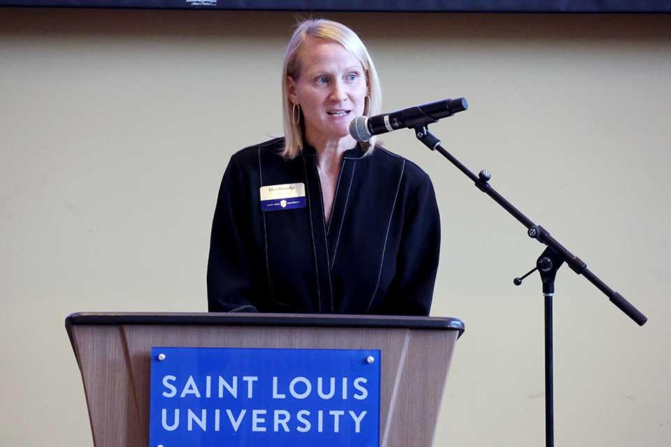 Interim Vice President for Research Ellen Barnidge, Ph.D., speaks at the 2026 Scholarly Works and Grant Winners Reception. Photo by Joe Barker.
