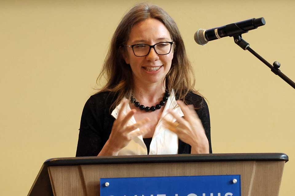 Abby Stylianou, Ph.D., received a Career Award at the 2026 Scholarly Works and Grant Winners Reception on Wednesday, April 29. Photo by Joe Barker. 