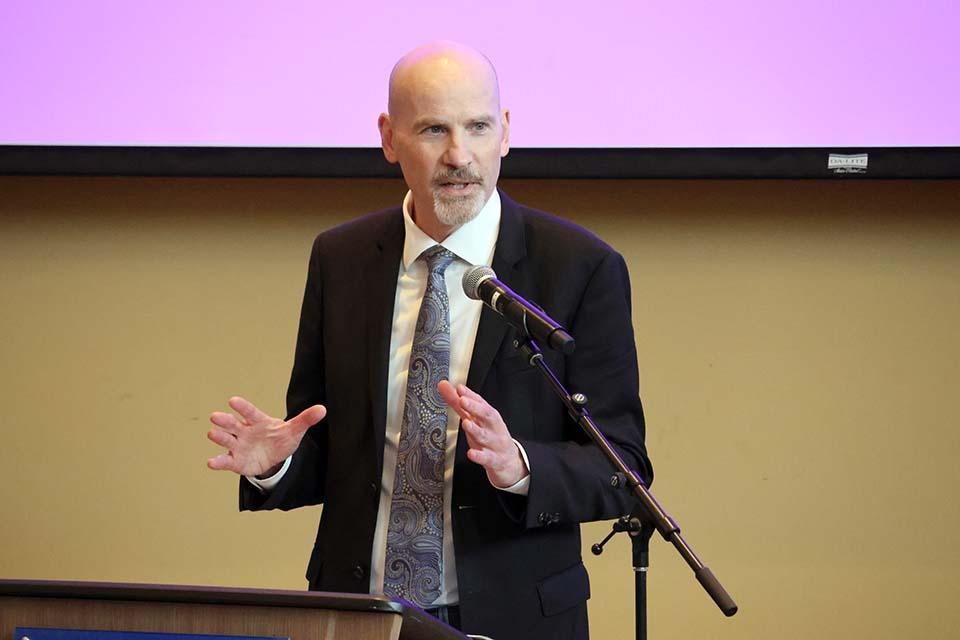 President Edward Feser, Ph.D., shared his thoughts on research at the 2026 Scholarly Works and Grant Winners Reception on Wednesday, April 29. Photo by Joe Barker. 