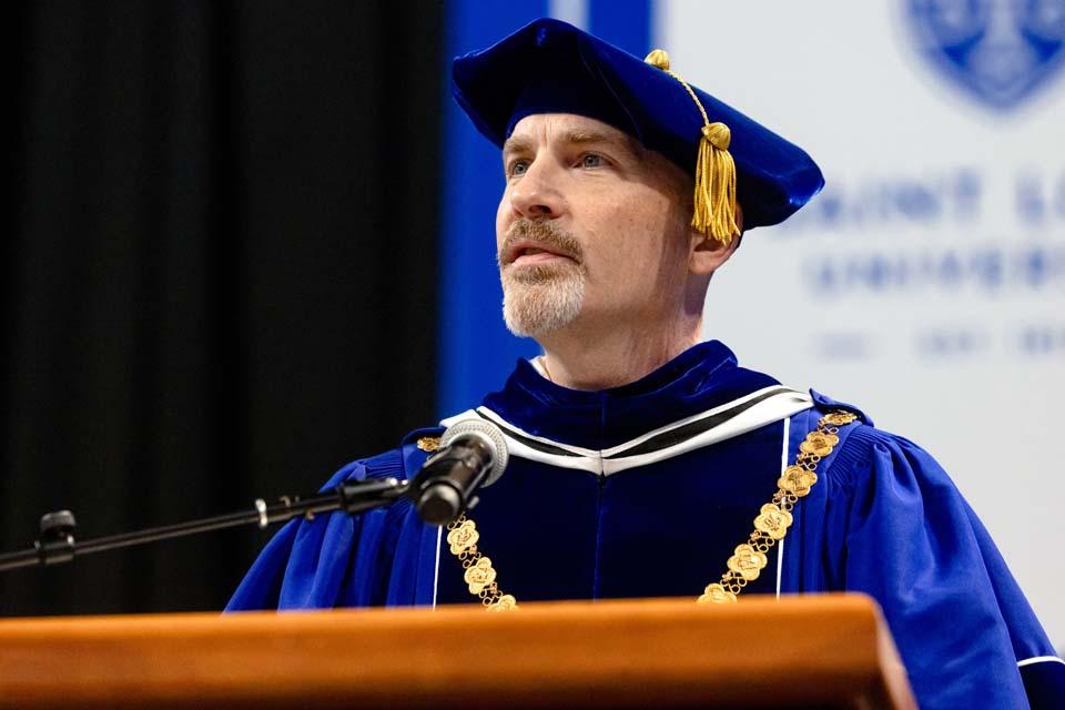 President Edward Feser, Ph.D., addresses the graduates during commencement on May 16, 2026. Photo by Sarah Conroy. 


