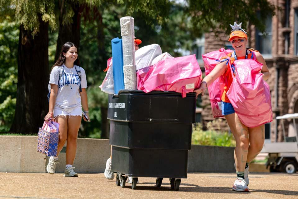 a woman pushing a cart with a woman pushing a cart with bags