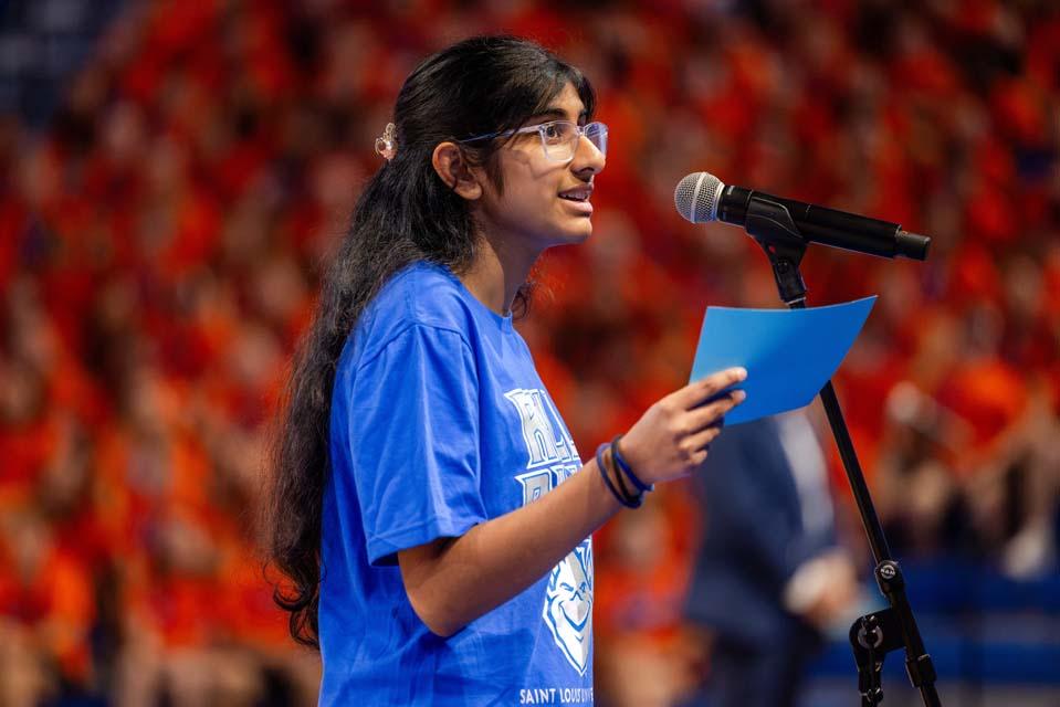 Sanvi Pasala addresses the new students during convocation on Aug. 18, 2026. Photo by Sarah Conroy.