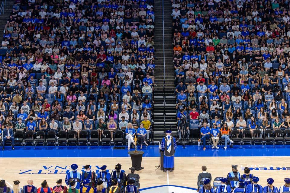 President Edward Feser, Ph.D., addresses new students during convocation on Aug. 18, 2026. Photo by Sarah Conroy.