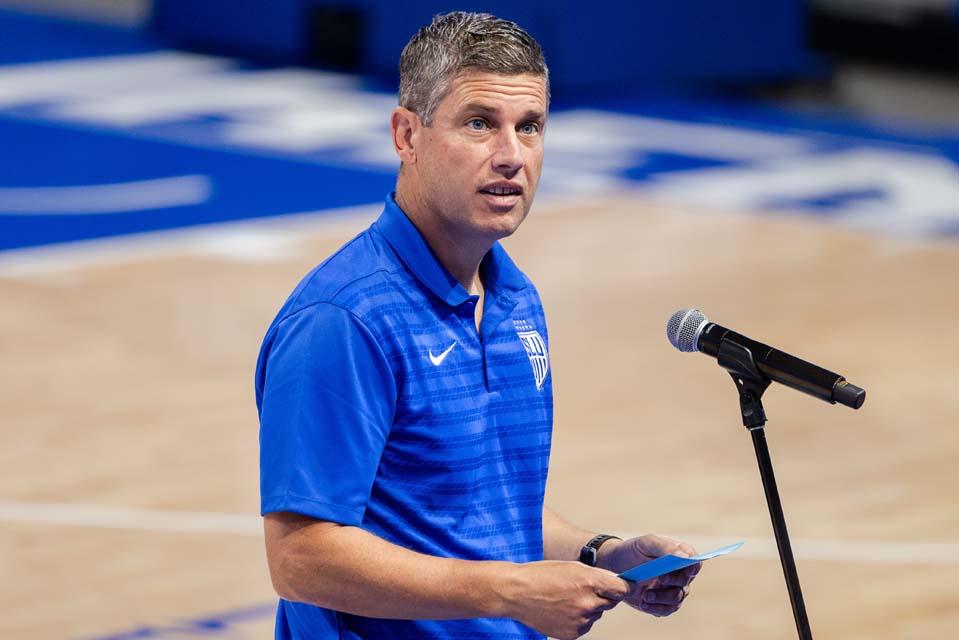 Kevin Kalish, men’s head soccer coach, addresses the new students during convocation on Aug. 18, 2026. Photo by Sarah Conroy.