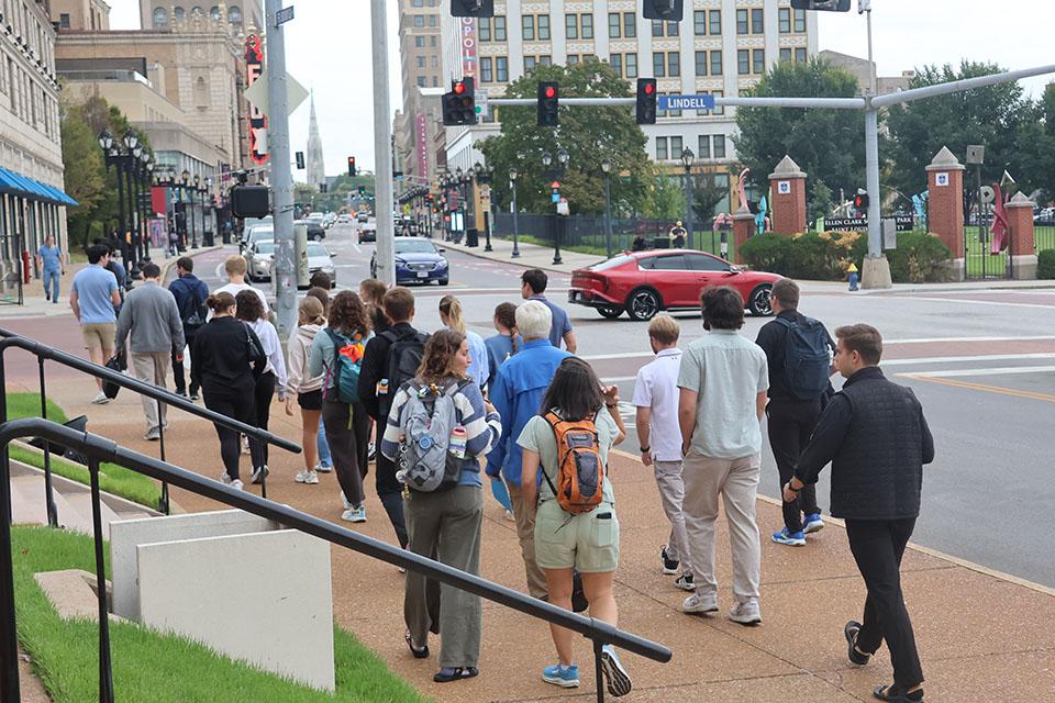 The Camino de SLU pilgrims set off from SLU's campus to the Rock Church. Photo by Maggie Rotermund.