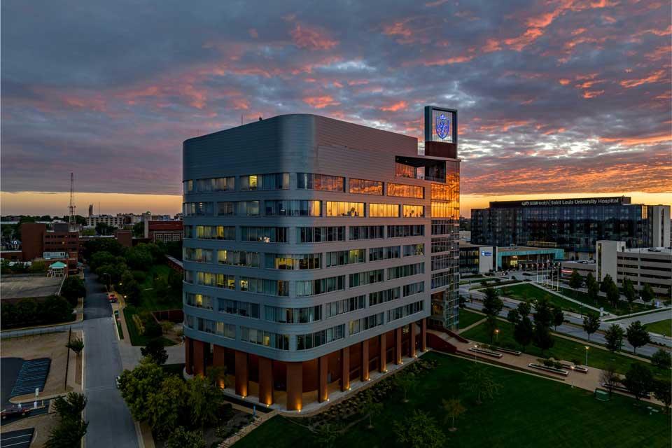 Aerial image of SLU’s south medical campus with a nine-floor building featured at center; the Edward A. Doisy Research Center.
