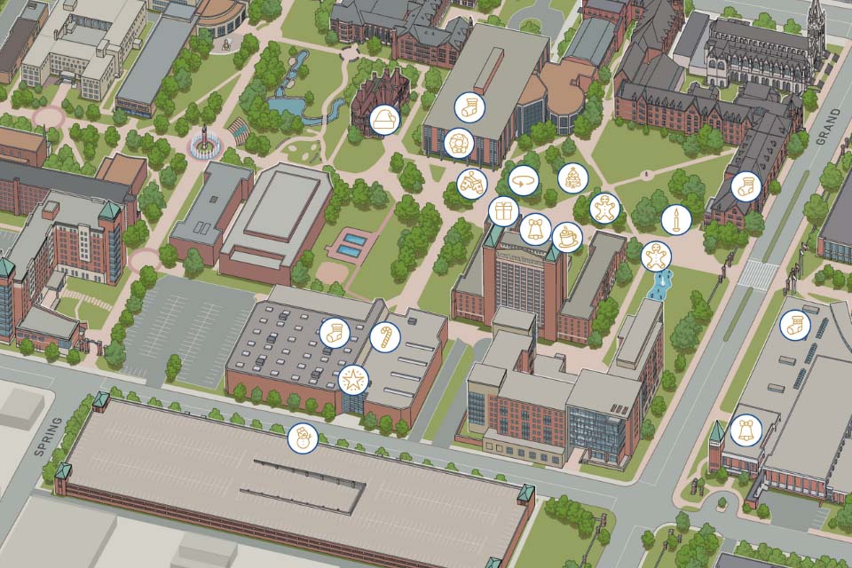 COTW Map 2025 Illustrated map of the northwestern part of SLU's campus with icons showing the locations of attractions at Christmas on the quad. Bathrooms are at DuBurg Hall, the CGC and Bush Student Center. Check in, bounce houses and mug pick up are at Simon Recreation Center. Parking is in Laclede Garage. The tree lighting is on the quad. Food trucks/cheer garden are near Griesedieck Hall. Crafts are near DuBourg. Fire pits are between DuBourg and Griesedieck. Hot chocolate is in front of Griesedieck Hall.