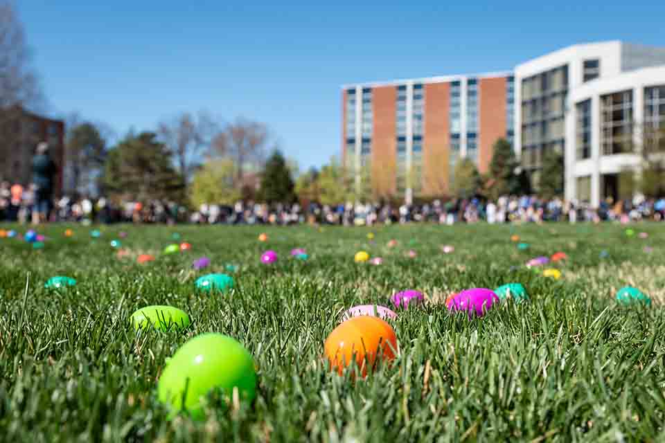 Colorful Easter eggs lay in the grass on SLU's quad in front of Pius XII Memorial Library. In the background, dozens of Egg Hunt participants are lined up at the edge of the lawn waiting for the hunt to begin.