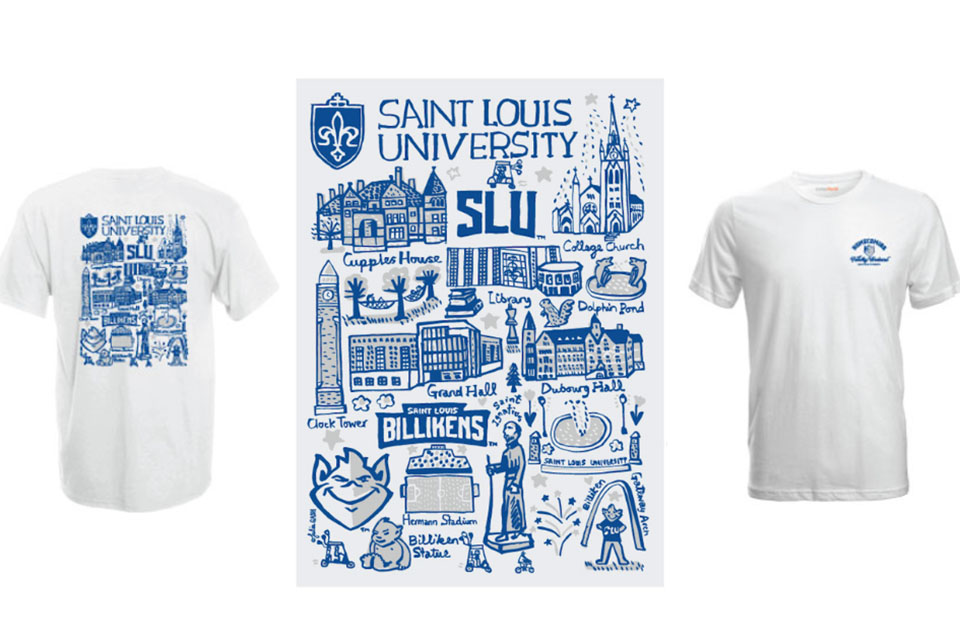 A t-shirt and close up of illustration shown on the back of the shirt. The illustration shows campus landmarks and says Saint Louis University.