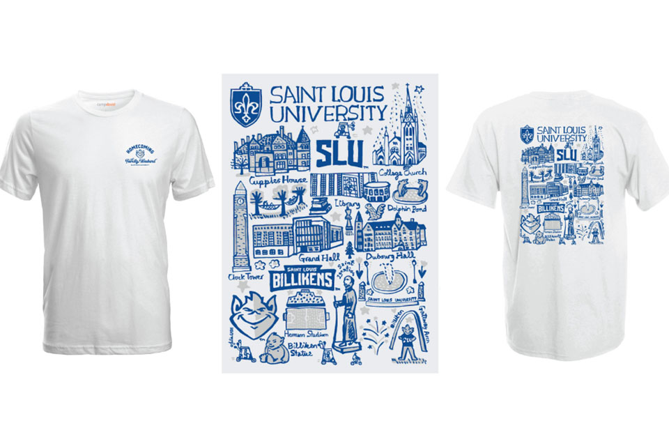 T-shirt design A graphic with illustrations of locations on campus.