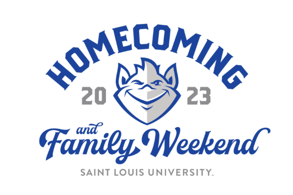 Text reading 2023 Homecoming & Family Weekend, Saint Louis University, with the Billiken mascot logo