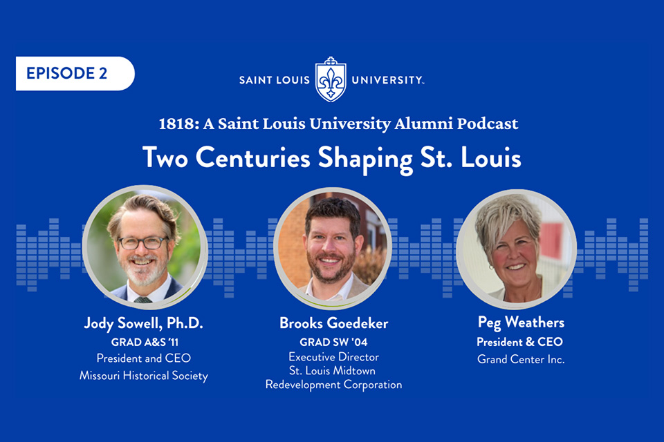 A graphic that says 1818: A Saint Louis University Alumni Podcast Episode 2 Two Centuries Shaping St. Louis.