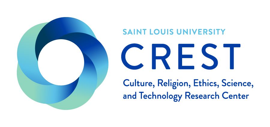 Crest Logo: blue circle next to the words "Saint Louis University CREST. Culture, Religion, Ethics, Science and Technology Research Center