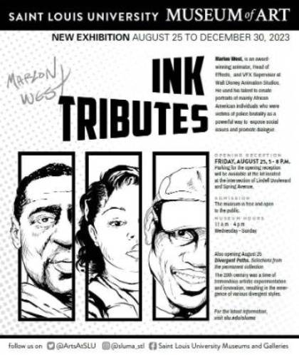 Ink Tributes Event Poster with information about the date and time of the event, and portraits drawn in a comic book style.