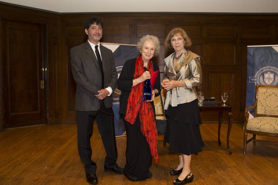 Atwood is presented St. Louis Literary Award Margaret Atwood is presented the St. Louis Literary Award by Ted Ibur and Lana Pepper