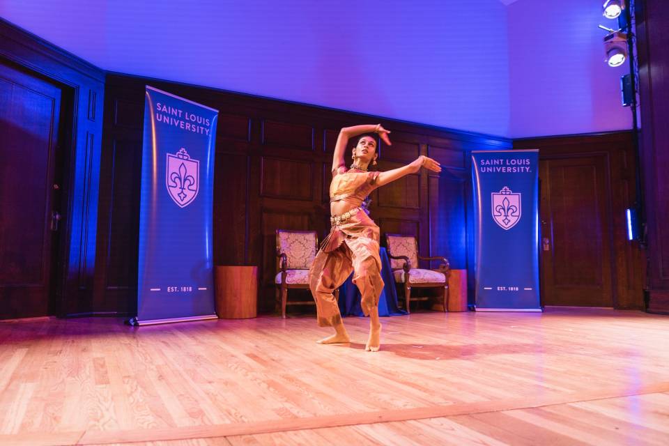 Slu Student performance SLU student, Samanvita Kasthuri, performs at the Arundhati Roy Literary Award ceremony at the Sheldon Concert Hall