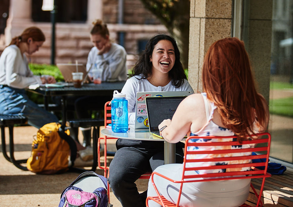 Students study together outside Pius Library 