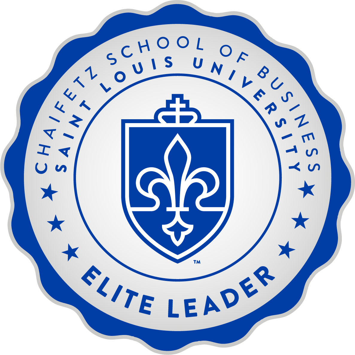 A sample digital badge consisting of a circle with the SLU seal and the text Saint Louis University Chaifetz School of Business Elite Leader"