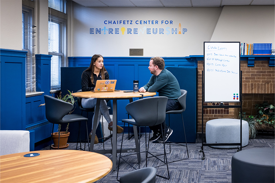 Entrepreneurship students studying in the Chaifetz Center for Entrepreneurship