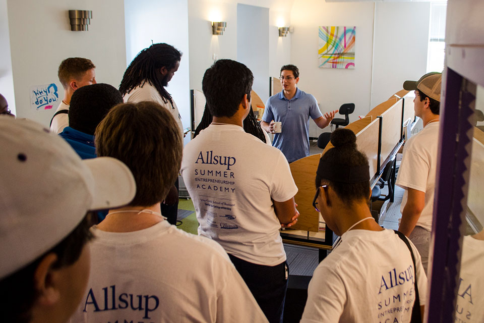 Allsup Entrepreneurship Academy particpants tour coworking space.