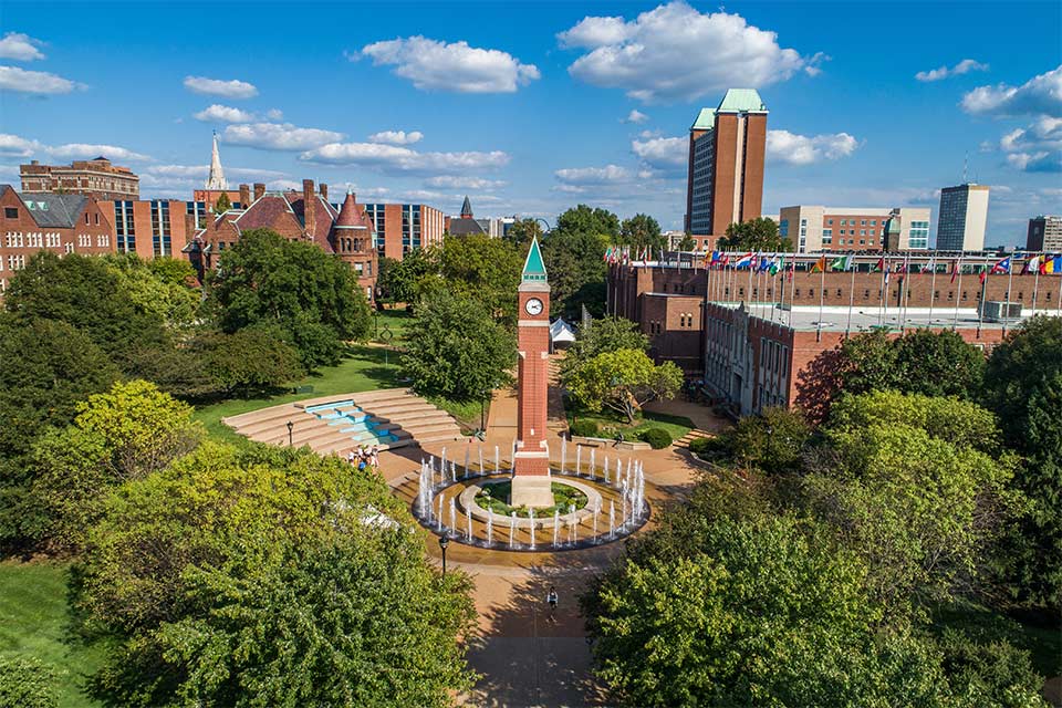 An aerial view of the SLU clock tower in the summer. 
