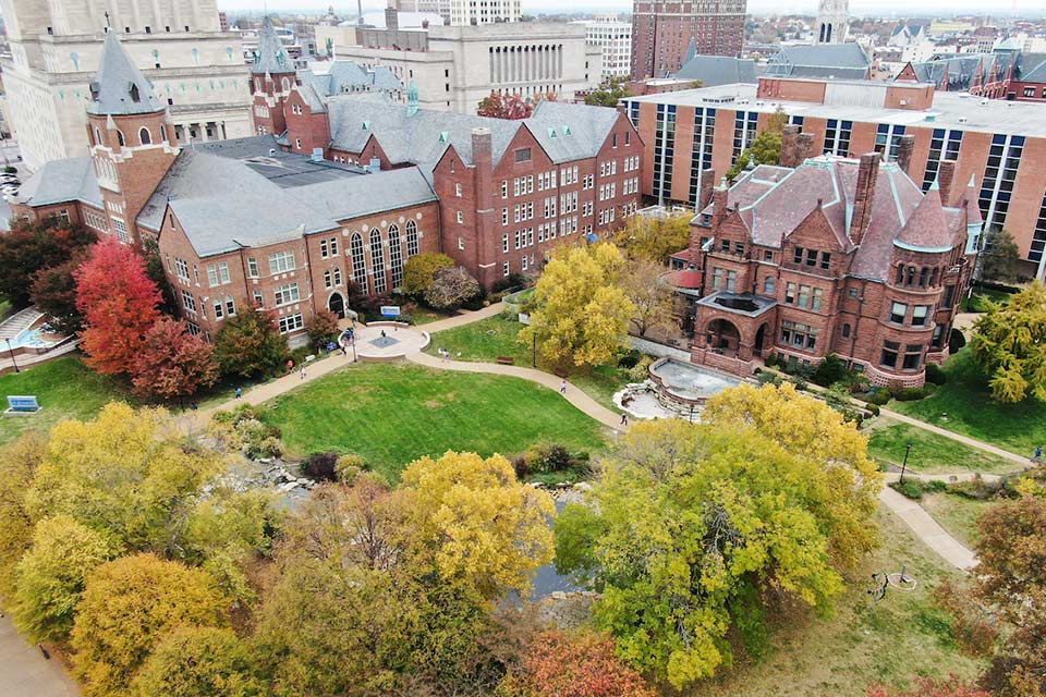 An aerial photo of SLU's campus in the fall.
