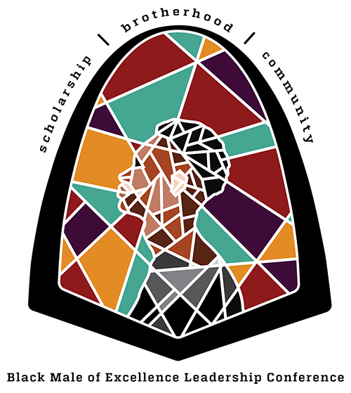 Logo for the Black Male Excellence Leadership Conference featuring an arch bordering a stained glass mosaic of a young Black man, with the words scholarship, brotherhood and community.