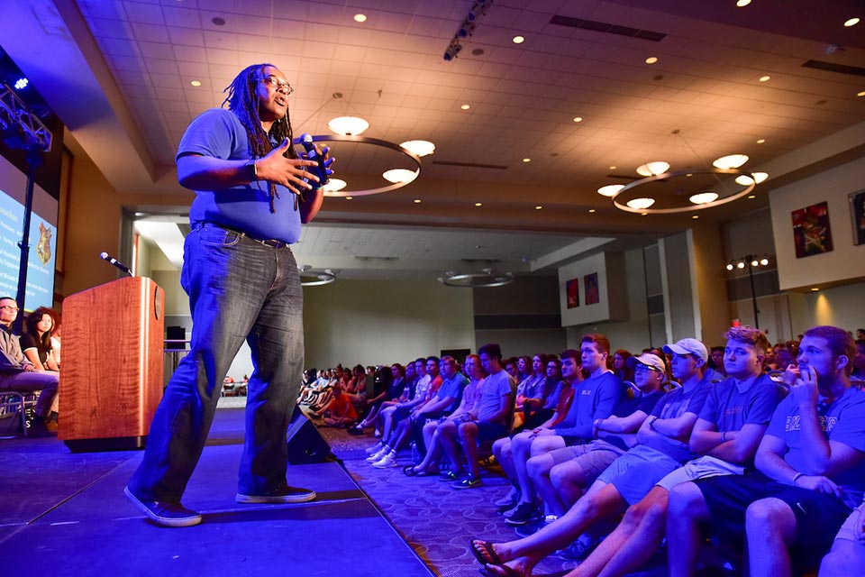 Jonathan Smith speaks to incoming students during Welcome Week.