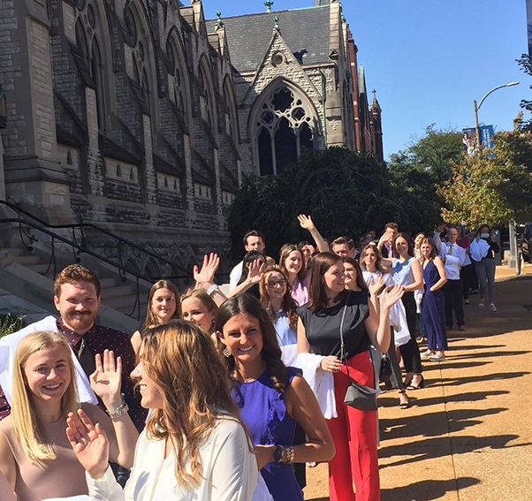 DPT Students Lined up outside of College Church awaiting White Coat Ceremony