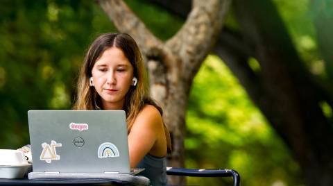 Student working online under a tree.