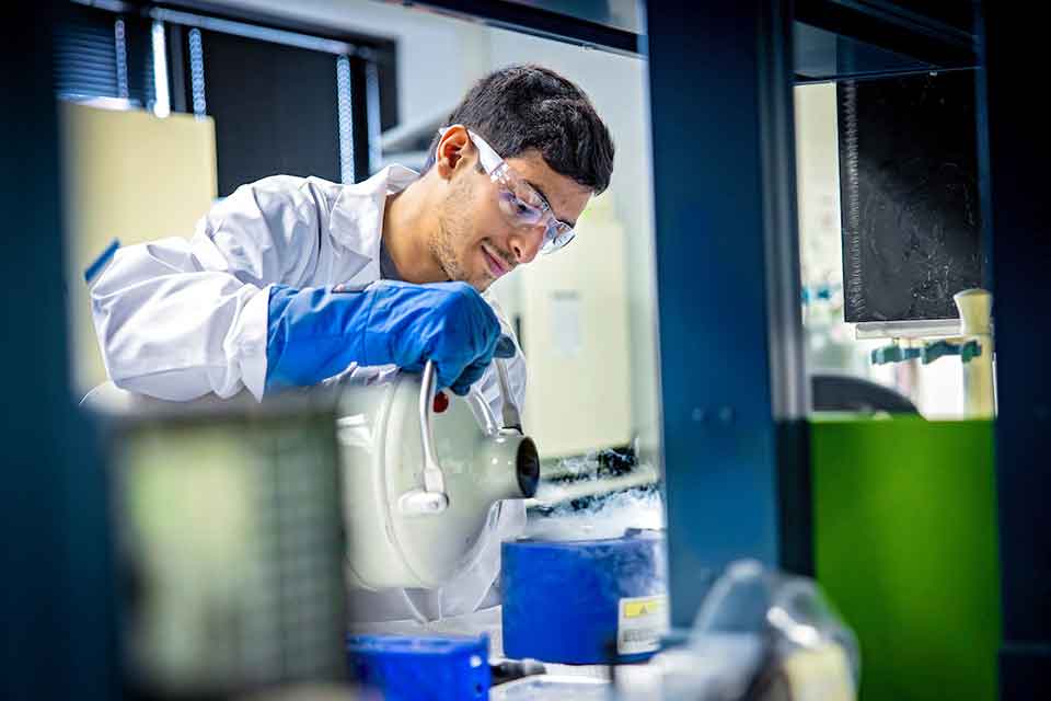 Honors and Scholars A student works in fume hood in a wet lab.