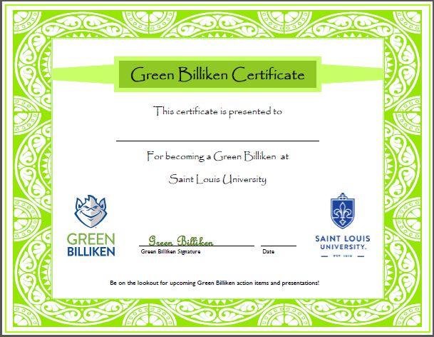 Green Billiken Certificate 