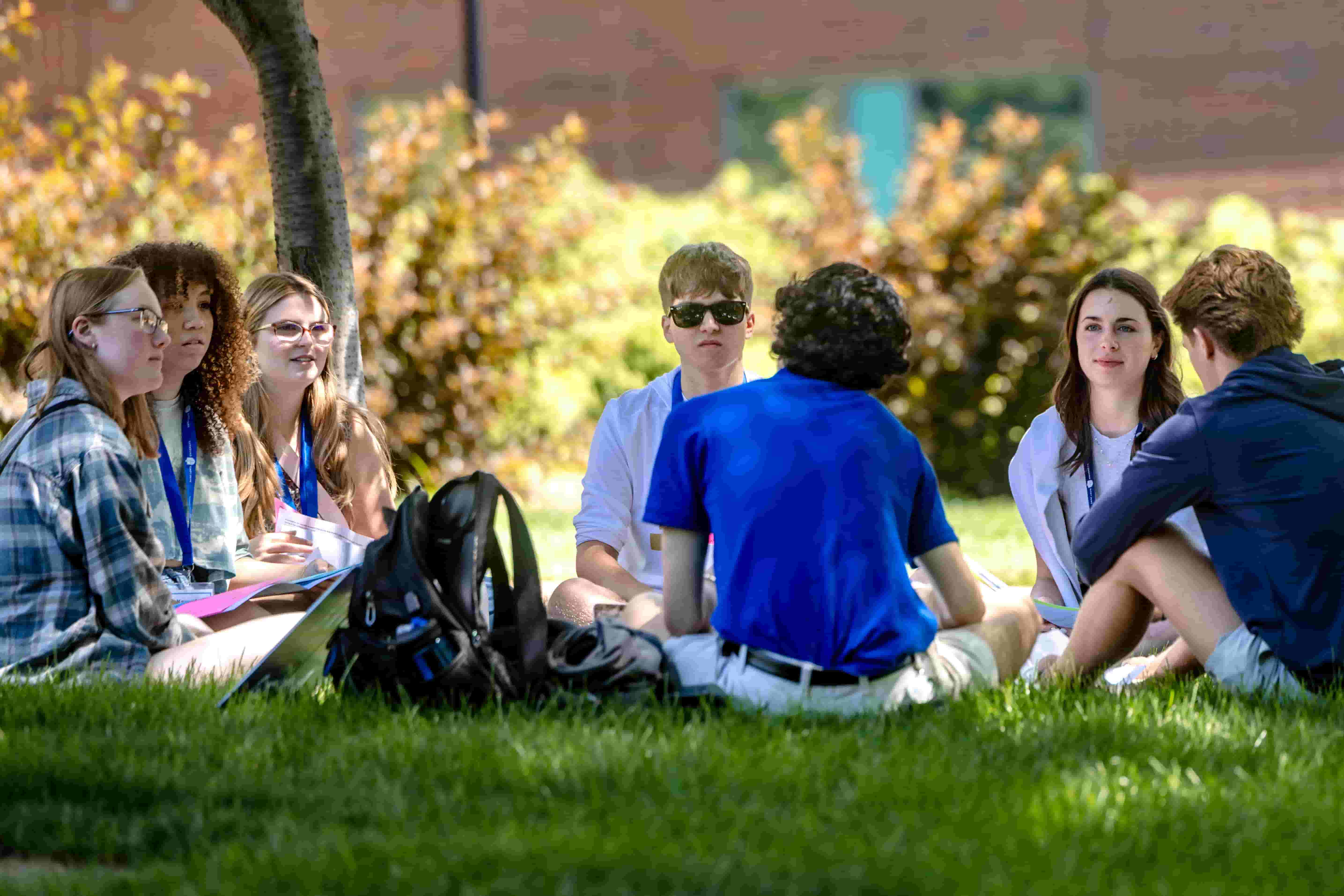 A group of students sit together on the grass and talk during an outdoor campus activity.