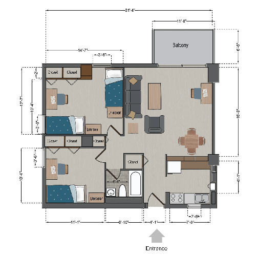 Triple Apartment (2 bedrooms, 3 people)