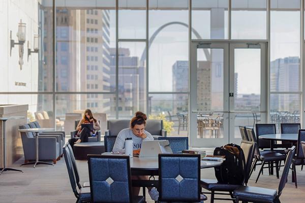 Student working at laptop with the Arch in the background 