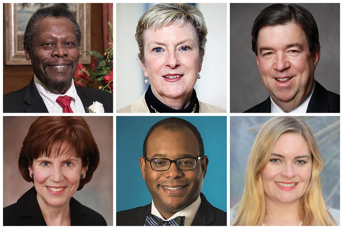 Collage of six alumni headshots, from left to right - Judge Henry Autrey, Anita Esslinger, Timothy Noelker, Judge Margaret Donnelly, Robert Kenney, Jessica Sleater