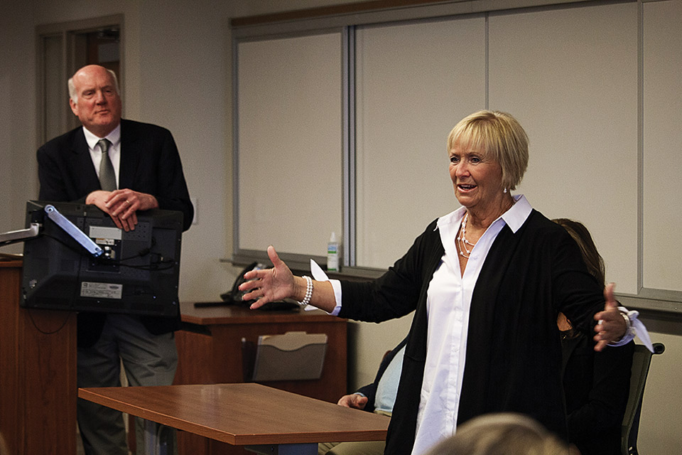 John Ammann with Judy Henderson, speaking at Scott Hall