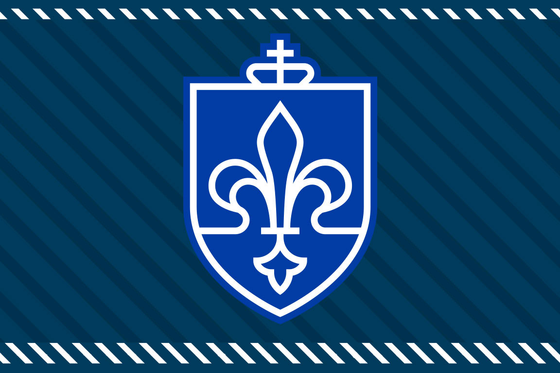 Graphical rendering of blue fleur de lis over navy striped background