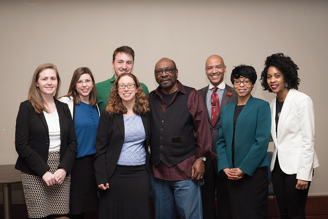 Professor Miriam A. Cherry and Percy Green, the named plaintiff in the landmark case McDonnell Douglas Corp v. Green, with students at a lecture in Scott Hall. Photo by Aaron Banks