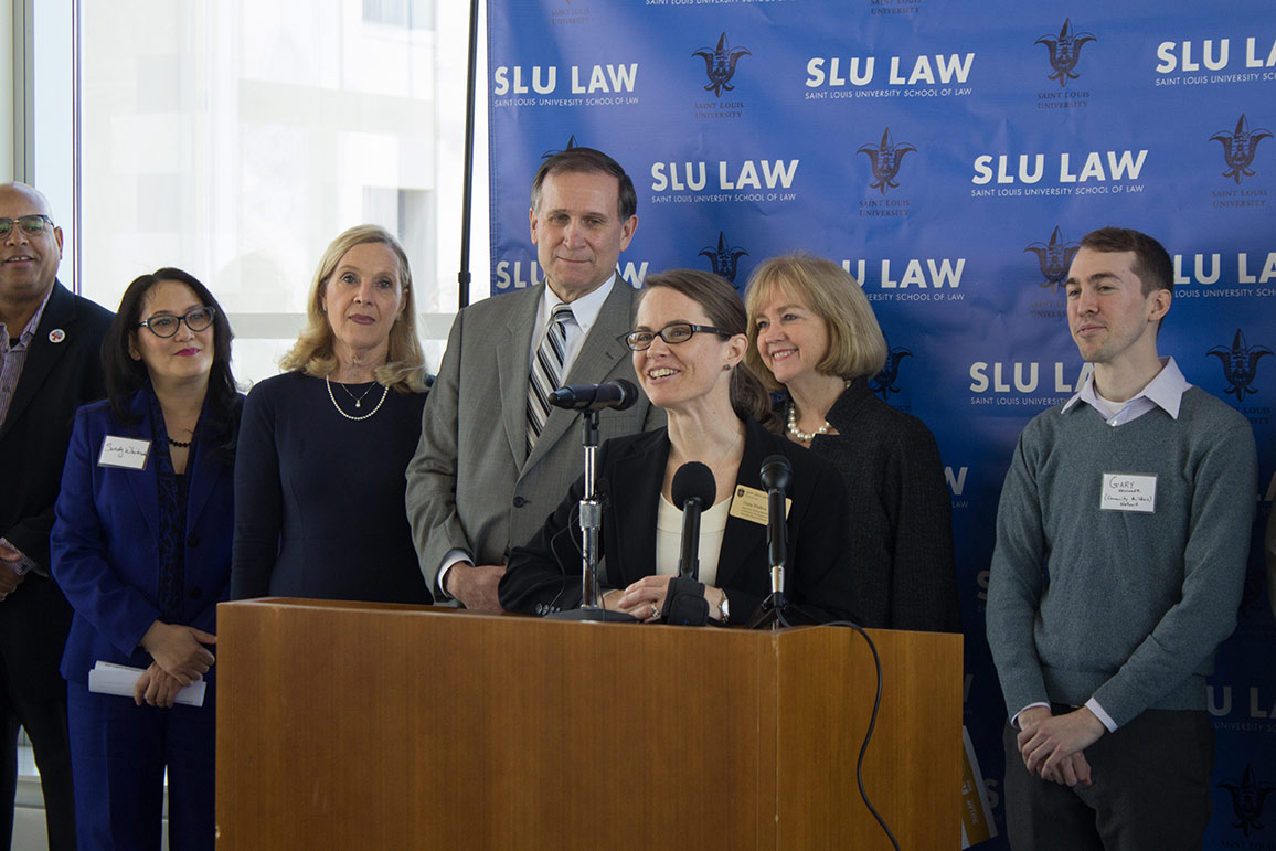 Prof. Dana Malkus and her ECD Clinic students participated in a Vacancy Collaborative press conference at SLU LAW in 2018.