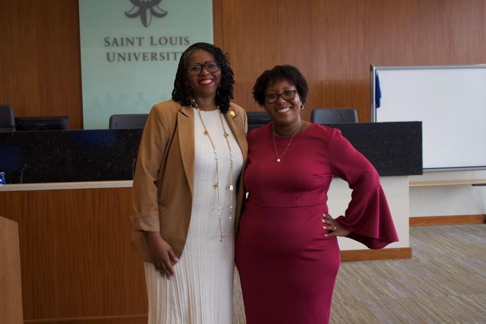 photo of Dean Johnson and keynote speaker Madiba Dennie together at the 2024 Childress lecture in the courtroom at Scott Hall photo of Dean Johnson and keynote speaker Madiba Dennie together at the 2024 Childress lecture in the courtroom at Scott Hall