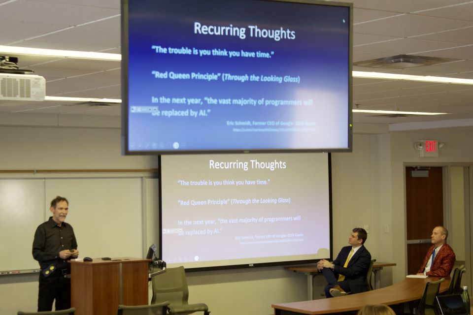 A panel of alumni present at Scott Hall on the use of AI in their legal careers.