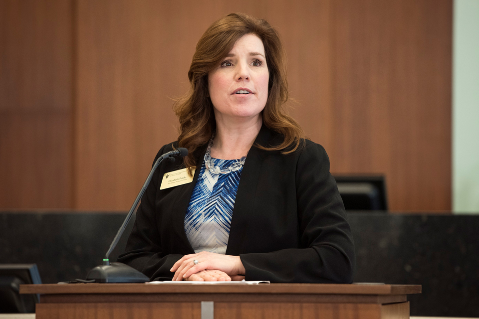 Professor Elizabeth Pendo speaks during a symposium at Scott Hall. Professor Elizabeth Pendo