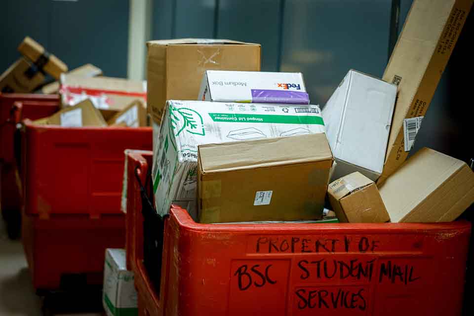 Large mailroom bin full of packages