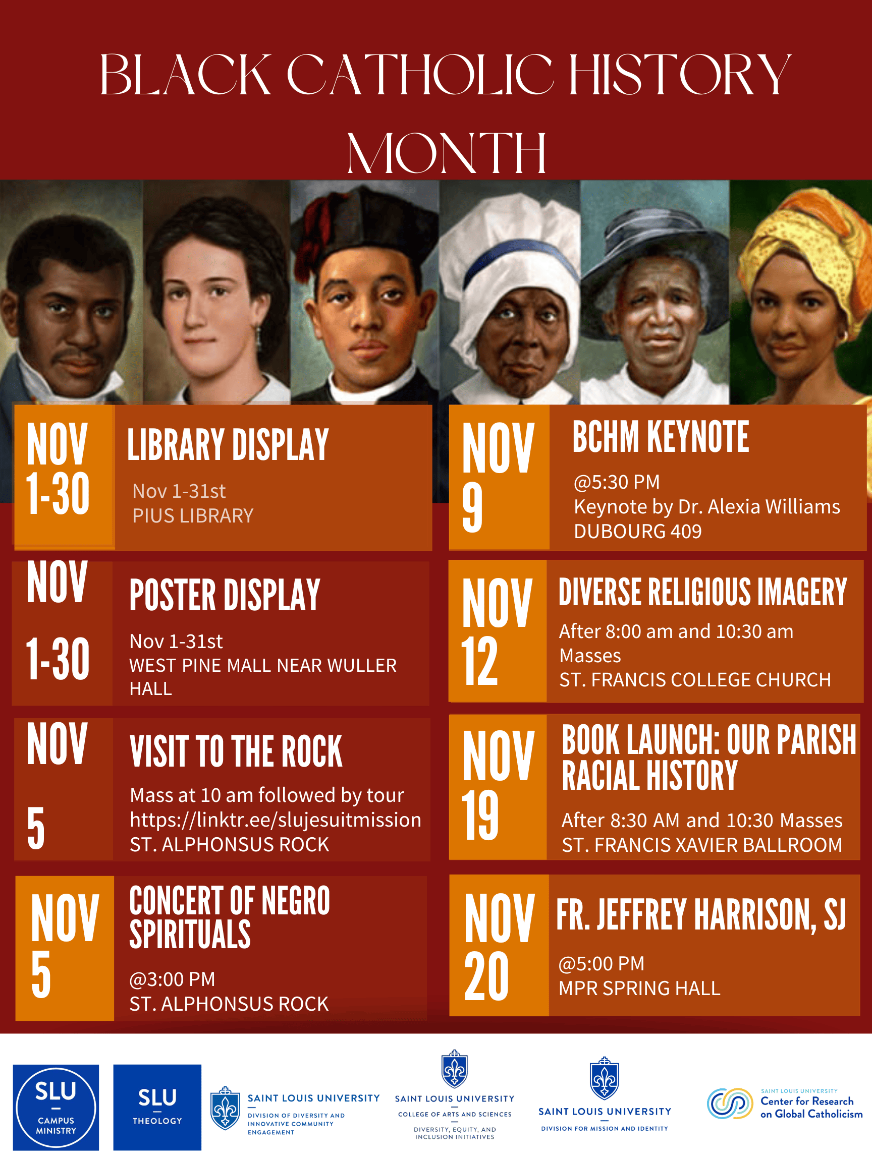 A flyer with photos of American Black Catholics who are on the path the sainthood.  There is a calendar of events for Black Catholic History Month.