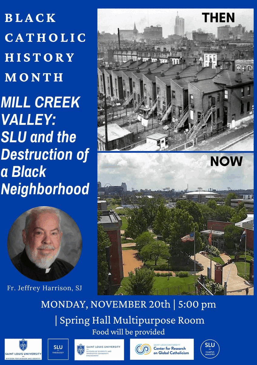 A poster with a photo of the Mill Creek neighborhood alongside a photo of Frost Campus.  There is information about where the talk is and a photo of the presenter.